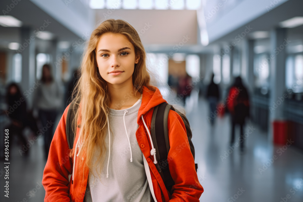 Obraz premium Portrait of a students in a modern high school. Positive teenagers holding backpack looking at camera standing in modern campus hall.