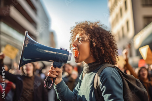 Woman shouting through megaphone on environmental protest in a crowd, big city. Fighting for environment, climate change, global warming. photo