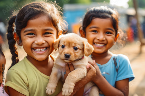 Indian children happy getting a puppy as a present. Girls hugging a puppy. Small cute fluffy dog. Birthday present. Playing with dog.