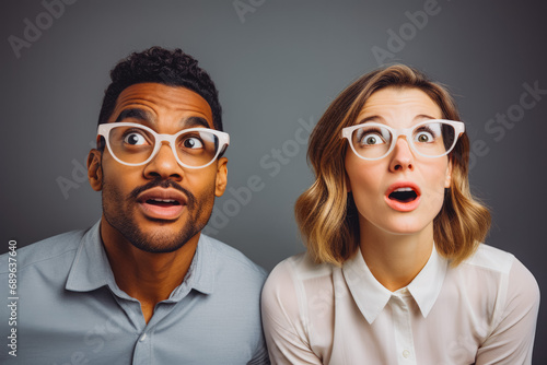 Man and woman trying new glasses in the optics, mixed race. Choosing new glasses. Couples in optics store, shopping for glasses, mixed race. photo