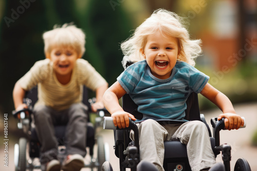 Happy children on wheelchair. A child with disabilities on street. Handicapped children can't walk after a back spine injury.