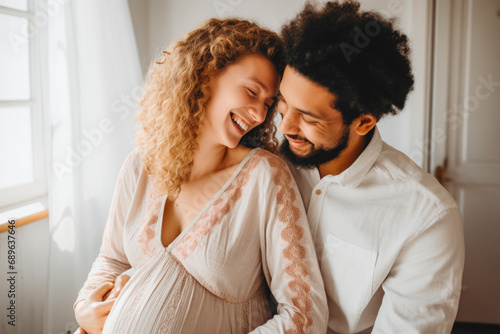 Man and woman smiling and being happy because they will get a baby. Pregnancy, hugging. Mixed race. Support and love. photo