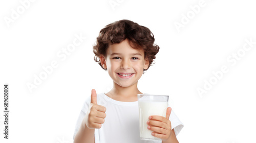 Happy kid smiling and drinking a glass of milk.