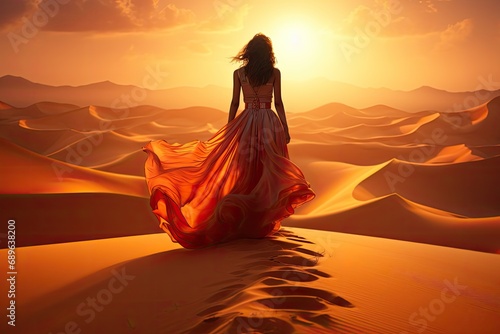 Beautiful woman walking through desert at sunset with sand dunes in background