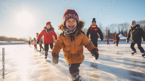 Cheerful children skating on ice rink