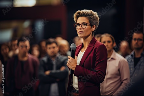 Woman speaks at a business conference with guests.