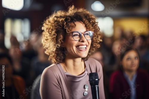 Woman speaks at a business conference with guests.