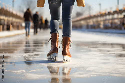 Female legs with ice skating shoe on ice.