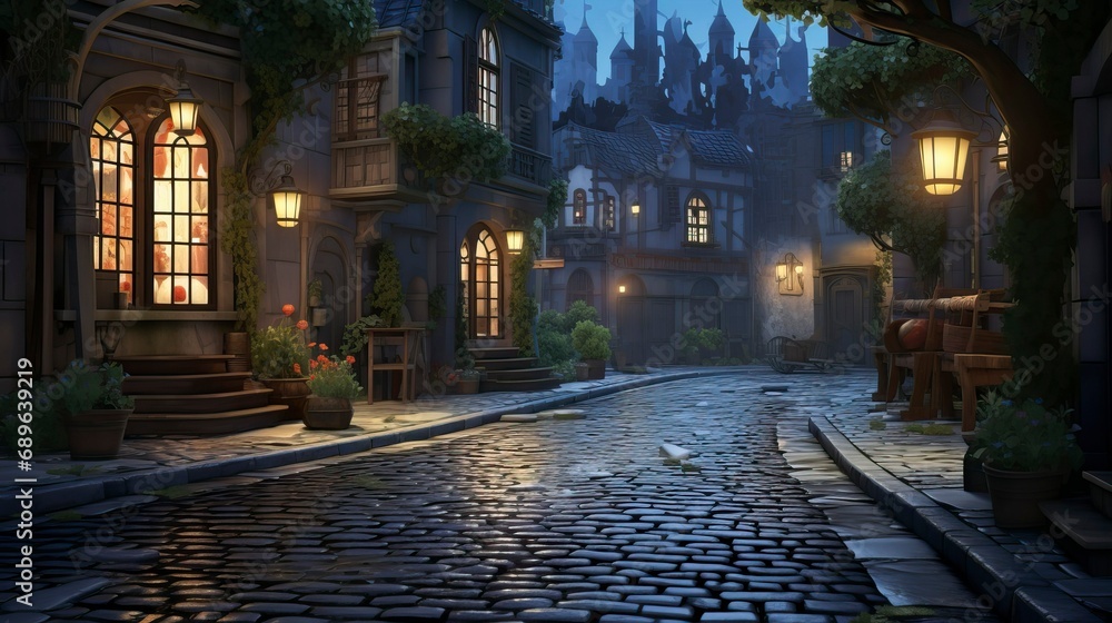 Mysterious Medieval Cobblestone Street at Night - Atmospheric Old Town Illustration