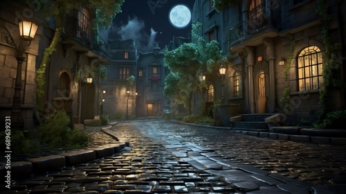 Gothic Cobblestone Street under a Full Moon - Hauntingly Beautiful Medieval Scene