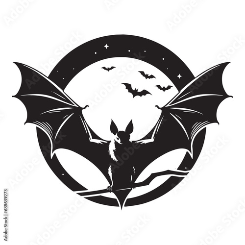 Bat silhouette: Intricately detailed bat bird in flight, a striking silhouette against the night. High-quality black vector bat silhouette.

