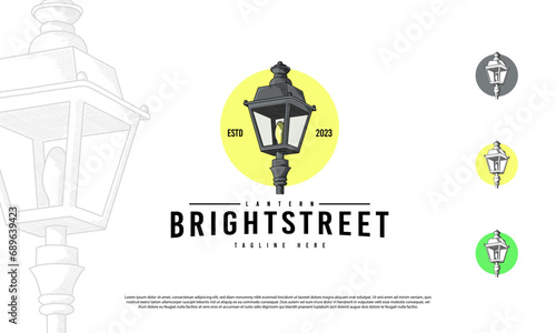  vintage bright street with lantern logo icon tamplate. retro street lamp hand drawn design illustration.