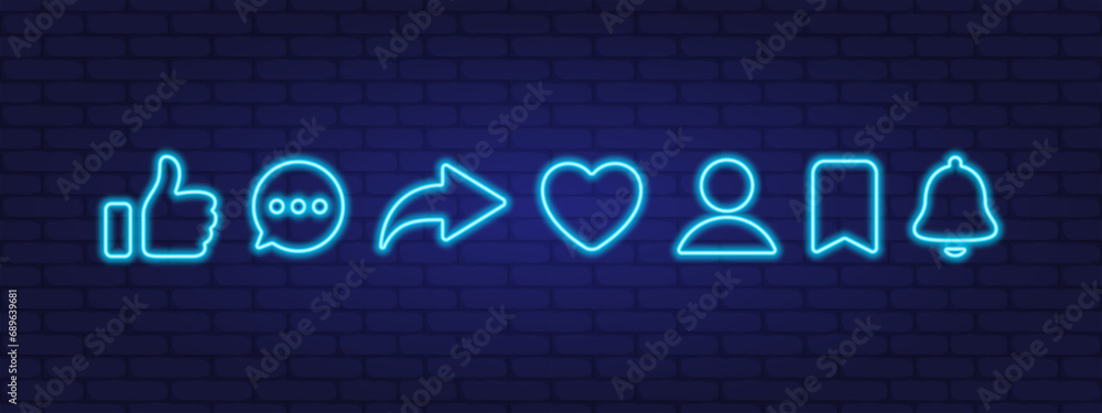 Like, comment, share. Social media interface icons neon style. Vector scalable graphics - obrazy, fototapety, plakaty 