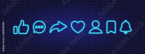 Like, comment, share. Social media interface icons neon style. Vector scalable graphics