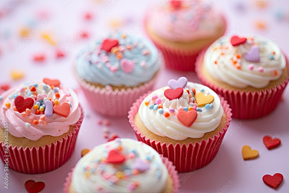 delicious, mouth-watering selection of cupcakes decorated with heart-shaped icing and sprinkles. Dessert for Valentine's Day or other special occasions, selective focus.