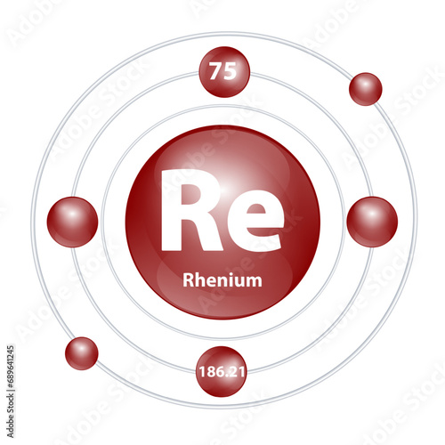 Icon Rhenium (Re) structure chemical element round shape circle dark brown with surround ring. 3D Illustration vector. Period number shows of energy levels of electron. Study science for education.