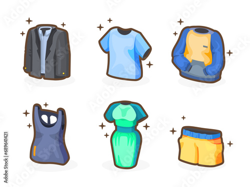 Casual cloth icons for your app. Bright remarkable UI elements. Good for animation. Shorts, sweatshirt, jacket, dress etc. Nice vector UI illustration for your business.