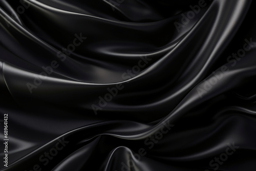 Black shiny silk cloth texture, silky smooth soft fabric, wavy liquid satin