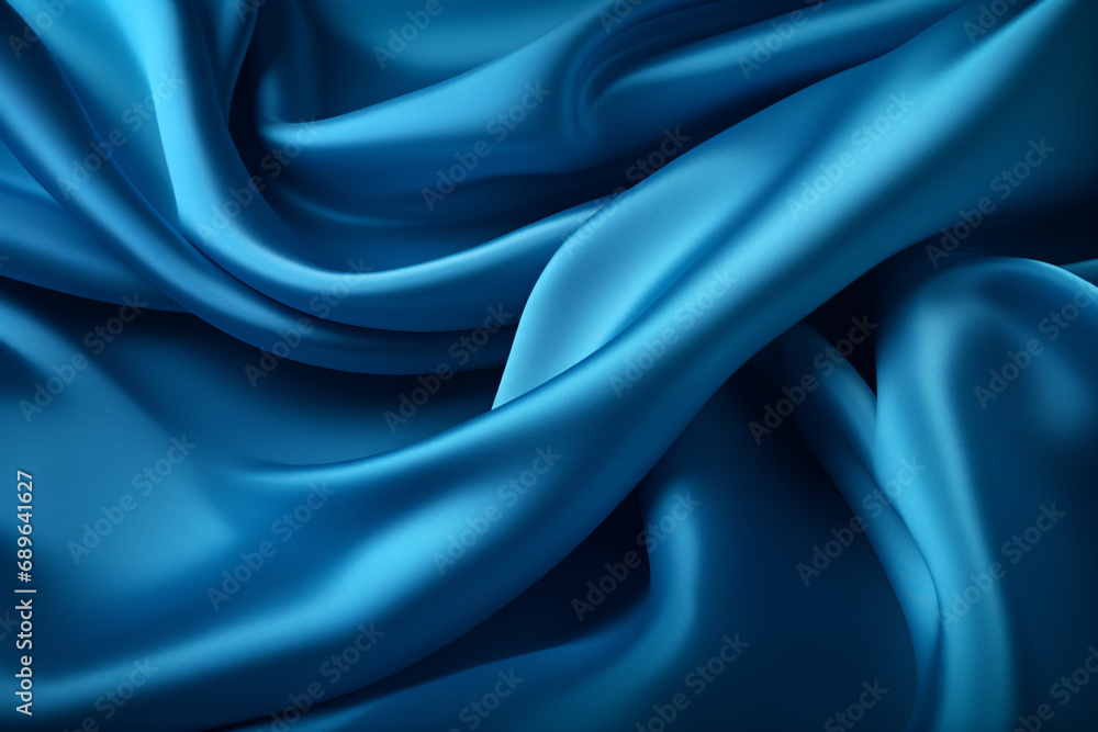 Fototapeta premium Blue shiny silk cloth texture, silky smooth soft fabric, wavy liquid satin
