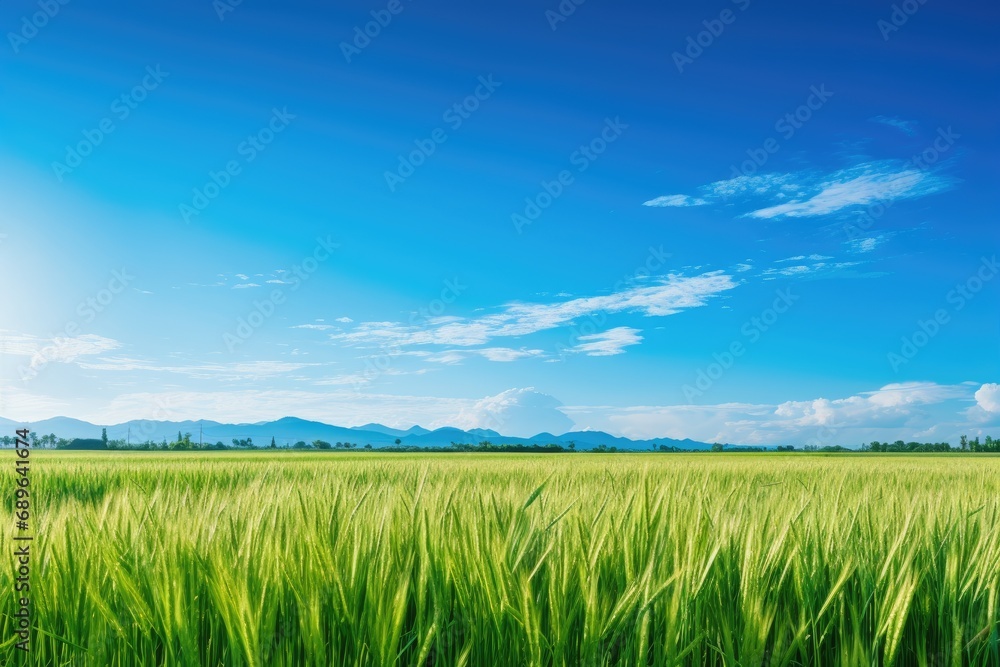 Expansive green rice fields under a bright blue sky.