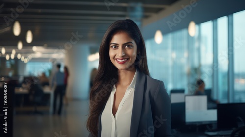 portrait of an attractive Indian lady, having a dominant smile in office 