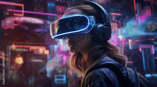 Serene woman in VR gear surrounded by a cyberpunk cityscape, hinting at a digital future