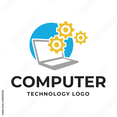 Computer logo design. Pc fix, repair, Computer maintenance service, software, Computer tech shop vector illustration isolated on white background