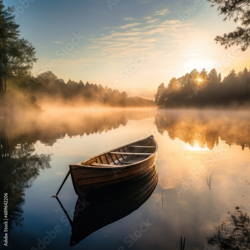 A solitary rowboat on a mirror-like lake reflecting the surrounding trees and morning sky, exuding calmness
