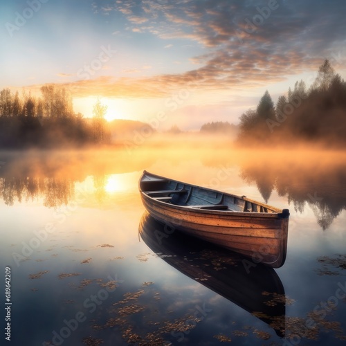 The early morning sun casts a warm glow over a peaceful lake with a single boat, reflecting in the still water