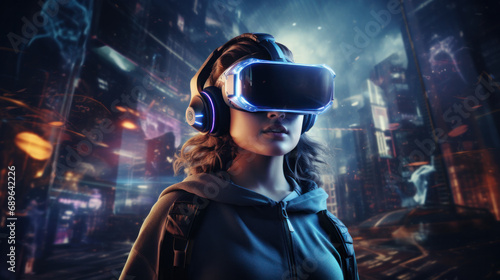 Immersed in a neon-lit cityscape, a woman explores a virtual universe through VR