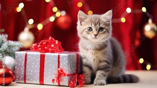 Adorable kitty with Christmas gift boxes. Cute cat in Christmas arrangement. Copy space. 
