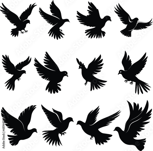 Flying dove silhouettes isolated pigeons set love and peace symbols