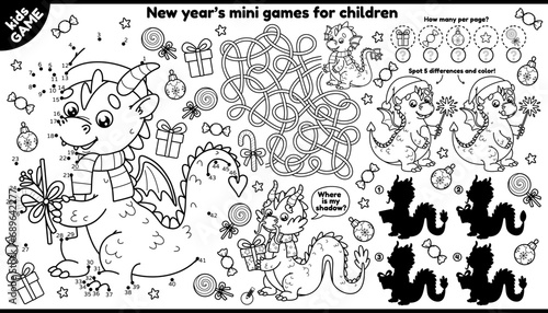 Vector winter holiday games placement for children. Outline Dragons of Chinese New Year 2024 in Christmas red hat Santa. Kids activity mat. Play, coloring. Maze, connect the dots, find the differences