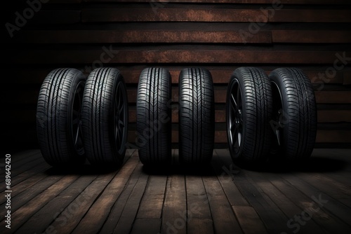 Set of fuel efficient car tires on dark wooden background. Winter and summer tire tread. Vulcanization service. Car wheel service concept © ratatosk