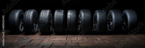 Set of fuel efficient car tires on dark wooden background. Winter and summer tire tread. Vulcanization service. Car wheel service concept photo