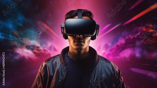 Man immersed in VR, with neon lights streaking across a surreal skyscape © Ai Studio