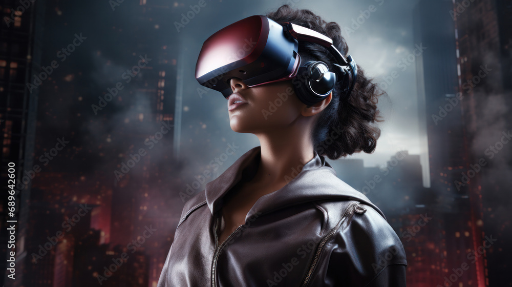Engrossed woman in a VR headset, with a dynamic cityscape backdrop Engrossed woman in a VR headset, with a dynamic cityscape backdrop