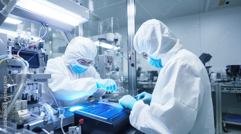 Scientists in hazmat gear operating high-tech machinery in a sterile industrial lab Scientists in hazmat gear operating high-tech machinery in a sterile industrial lab