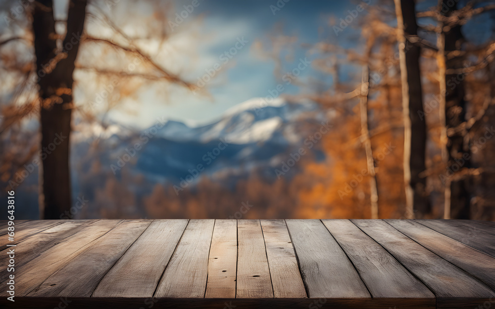 Empty old wooden table with winter theme in background