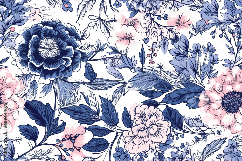seamless design with roses flowers. Fairytale forest. hand drawn vintage botanical pattern line graphics. fashion textile design Indigo color. floral illustration - obrazy, fototapety, plakaty 