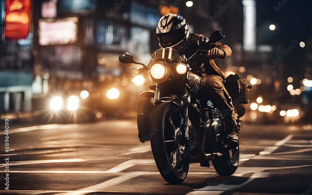 Photograph of a man with a helmet riding a motorcycle on the road in a city during the night