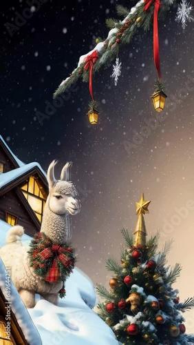Abstract Christmas Animation, cute Christmas Lama with mistle toes, winter holiday, Xmas, Christmas ornaments, snow, festive. Generative AI. photo