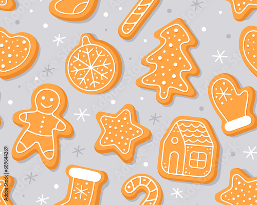 Seamless pattern with Christmas gingerbread cookies on a light gray background. Homemade Christmas cookies with sugar glazed. Pattern for New Year's wrapping paper, cards, decor, fabric. 