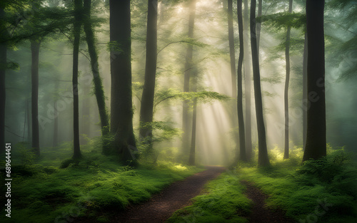 Photograph of a beautiful foggy morning in a green forest © julien.habis