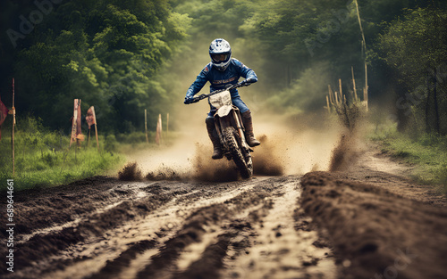 Photograph of a man with a helmet riding a motocross on a muddy road in the countryside