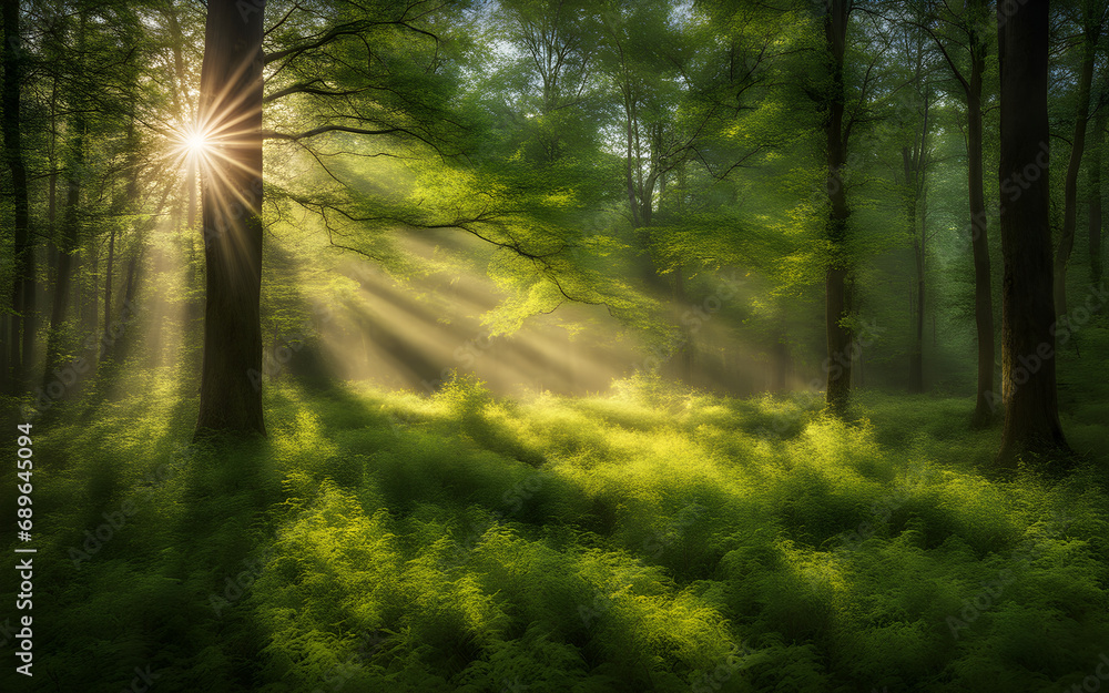Photograph of a sunny morning in an springtime forest, with rays of lights