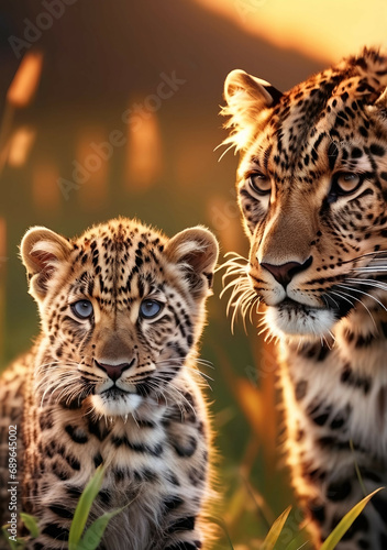 Jaguar Leopard family  cubs  love  photographic image with animals perfect for wall decoration . Ai Generative