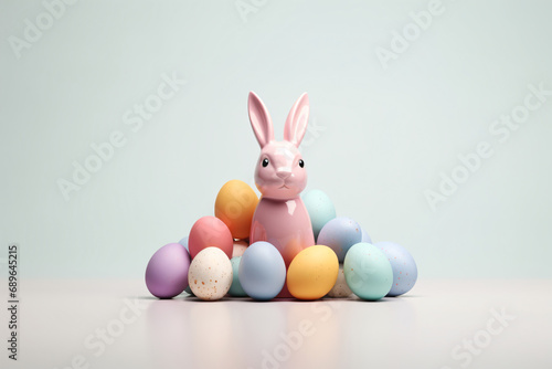 Easter-themed background with easter bunny and colored eggs, easter wallpaper backdrop © Dennis