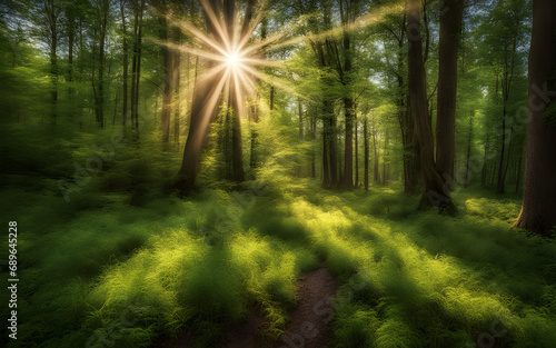 Photograph of a sunny morning in an springtime forest, with rays of lights © julien.habis