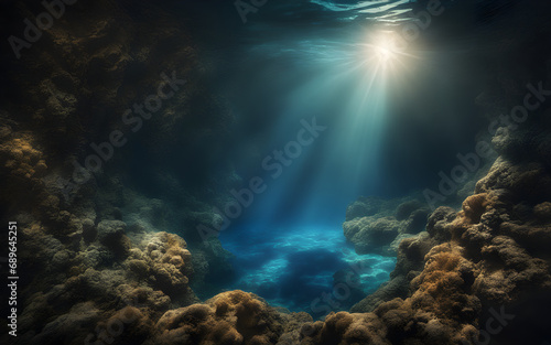 Photograph of deep Water abyss with blue sun light and defocused background
